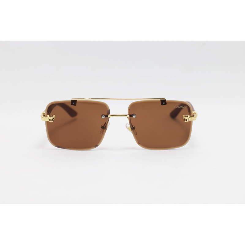 Cartier - 22510 - Wooden Golden Brown - Metal - Rimless - Rectangle - Double Bridge - Sunglasses
