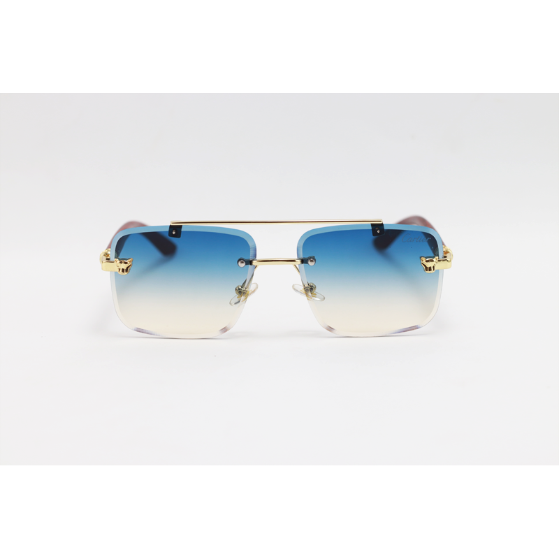 Cartier - 22510 - Wooden Golden Blue Havana - Metal - Rimless - Rectangle - Double Bridge - Sunglasses