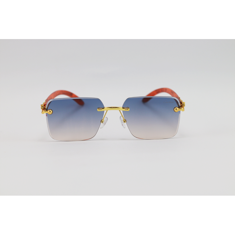 Cartier - 2808 - Wooden Golden Blue Havana - Metal - Rectangle - Rimless - Sunglasses